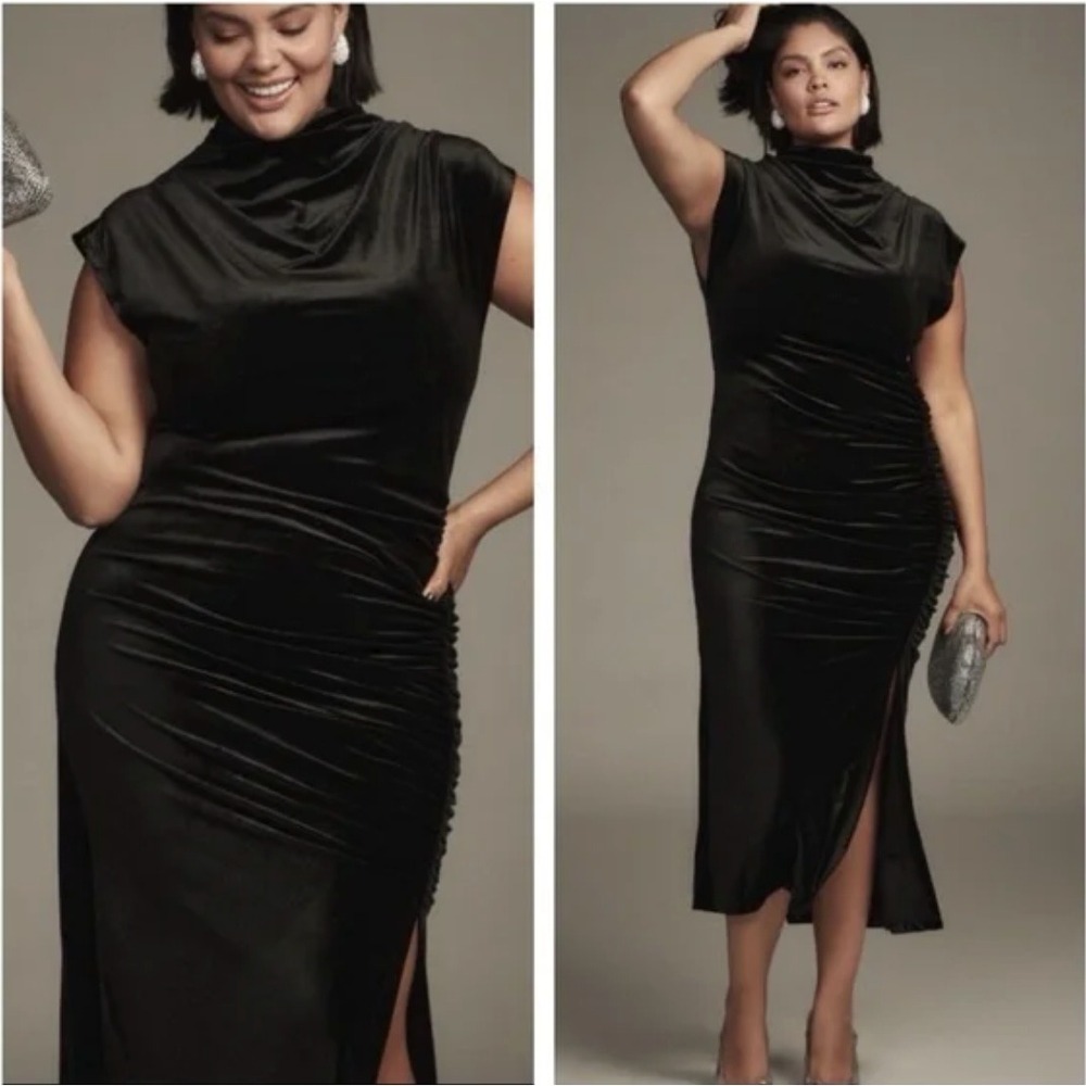 Anthropologie Black Velvet Ruched Cowl Neck Dress 2X